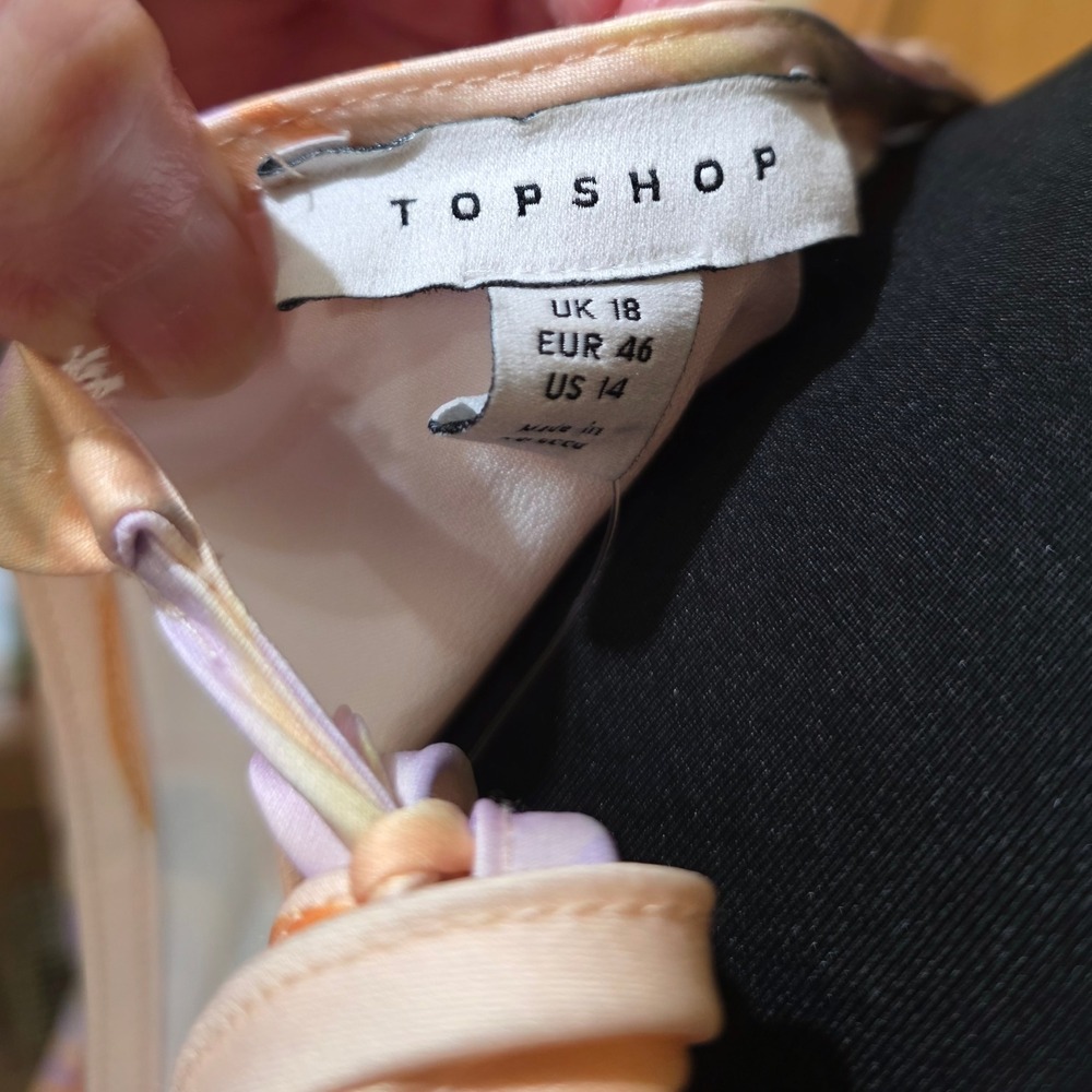 Topshop Maxi Dress Multi Color Cut Out Satin Long Sleeve Wave Print Retro Sz 14 - Picture 5 of 5